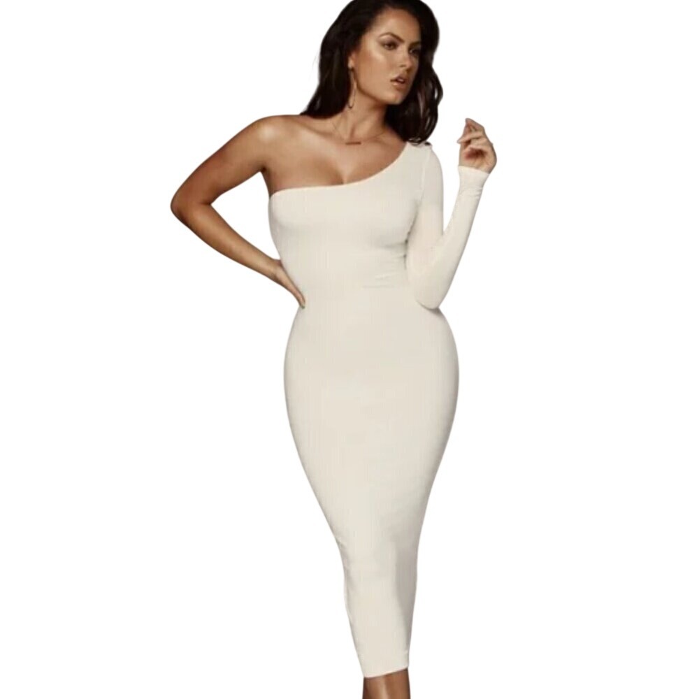 JLUXLABEL Women's Ivory One Shoulder Midi Dress Size Small Sexy New w/ Tags